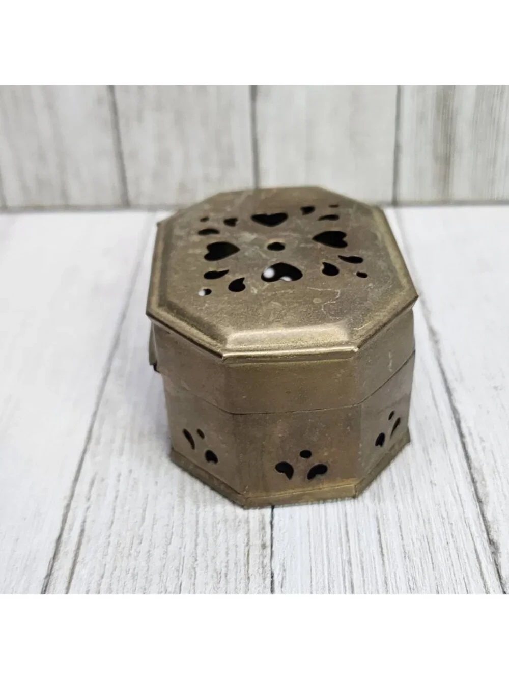 Vintage Solid Brass Octagon Cricket Trinket Jewelry Box Hinged Lid - India Made